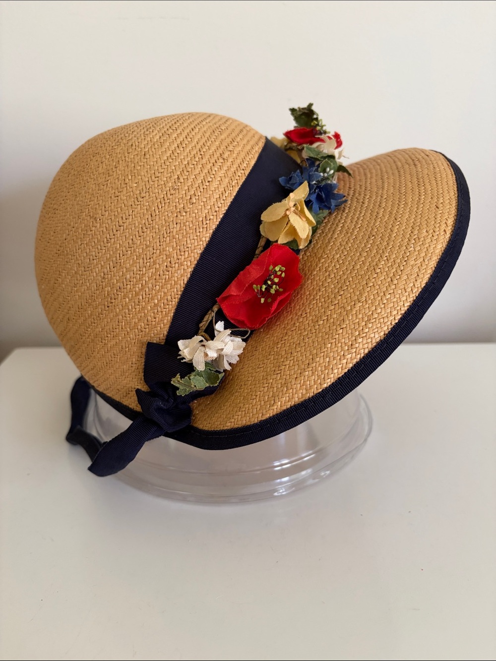 Vintage Girl’s Straw Sun Hat with Navy Trim, Floral band & Navy Chin Straps